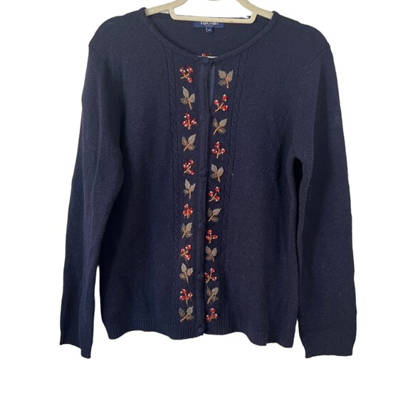 Tulchan 100% Lambswool Navy Embroidered Fall Cardigan Sweater Women's Medium - Picture 1 of 7